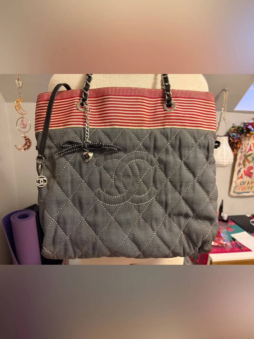 Chanel Gray Denim CC with White and Red 🇺🇸Stripe Quilted Tote 👜